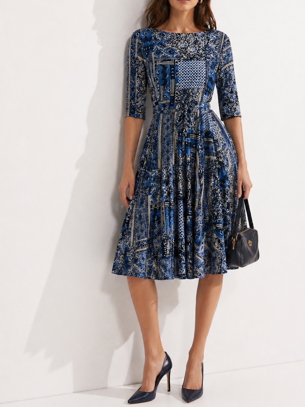 Ralph Lauren 100% Cotton Blue Multi Patchwork Fit & Flare Belted‎ Dress Size XL